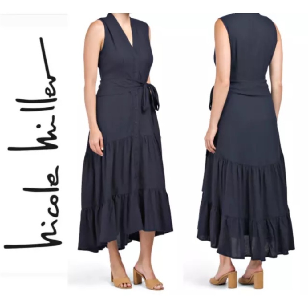 NICOLE MILLER Linen-Blend Eyelet Trim Tiered Hi-Lo Shirt Dress w/Belt in Black